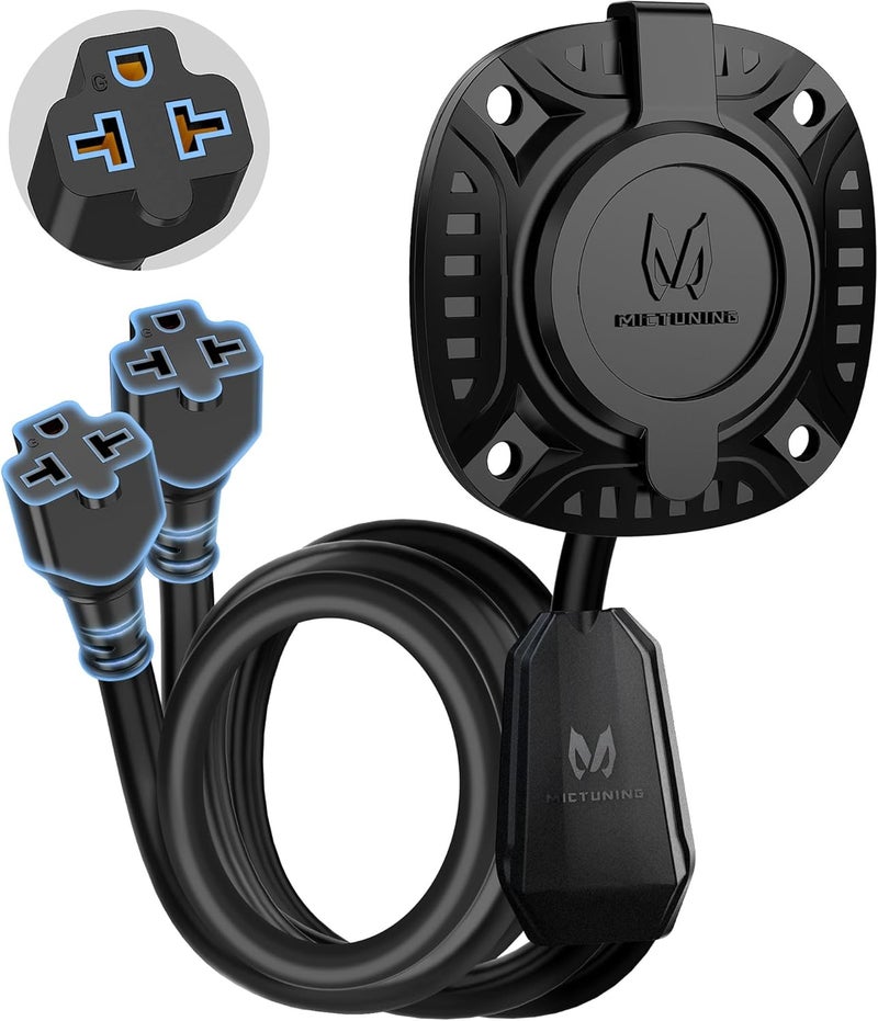 MICTUNING 20A 125V AC Port Plug, 12 AWG Shore Power Inlet Plug with 5-in-1 T-Blade Adapter Integrated 20'' Extension Cord, Waterproof AC Power Inlet Electrical Receptacle for Trailer Truck Boat - Image 1